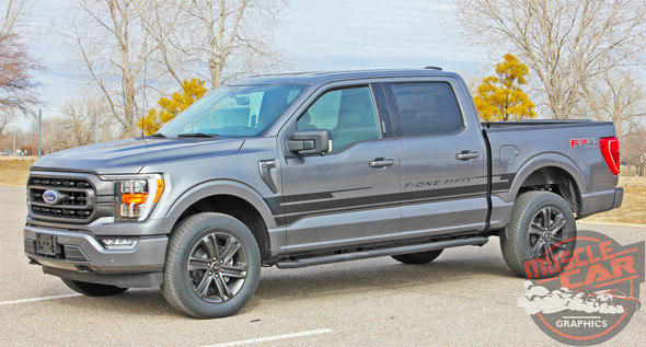 Side of Grey 2021-2026 Ford F150 Stripe Graphics Package SWAY SIDE KIT 2021-2026