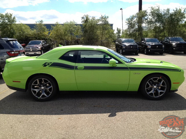 Side View of Green 2018 Dodge Challenger Stripes DUEL 15 2015-2019 2020 2021 2022 2023