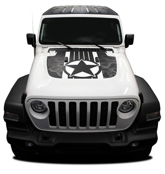 Front of white JOURNEY HOOD : 2020-2021 Jeep Gladiator Hood Star Digital and Decals Vinyl Graphics Stripe Kit