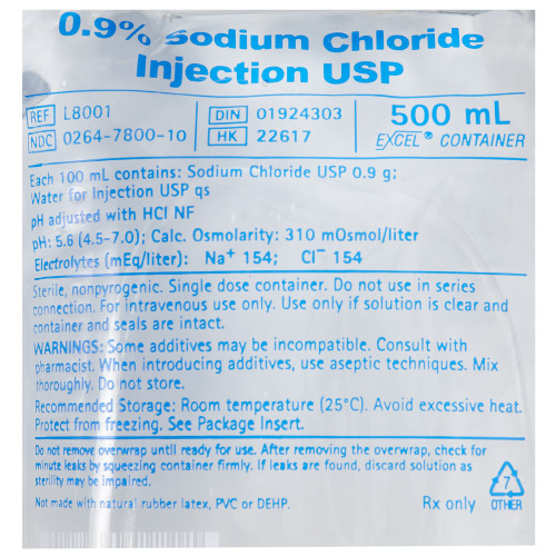 Sodium Chloride 0.9% Intravenous IV Solution 500ml Bags EACH (Braun)