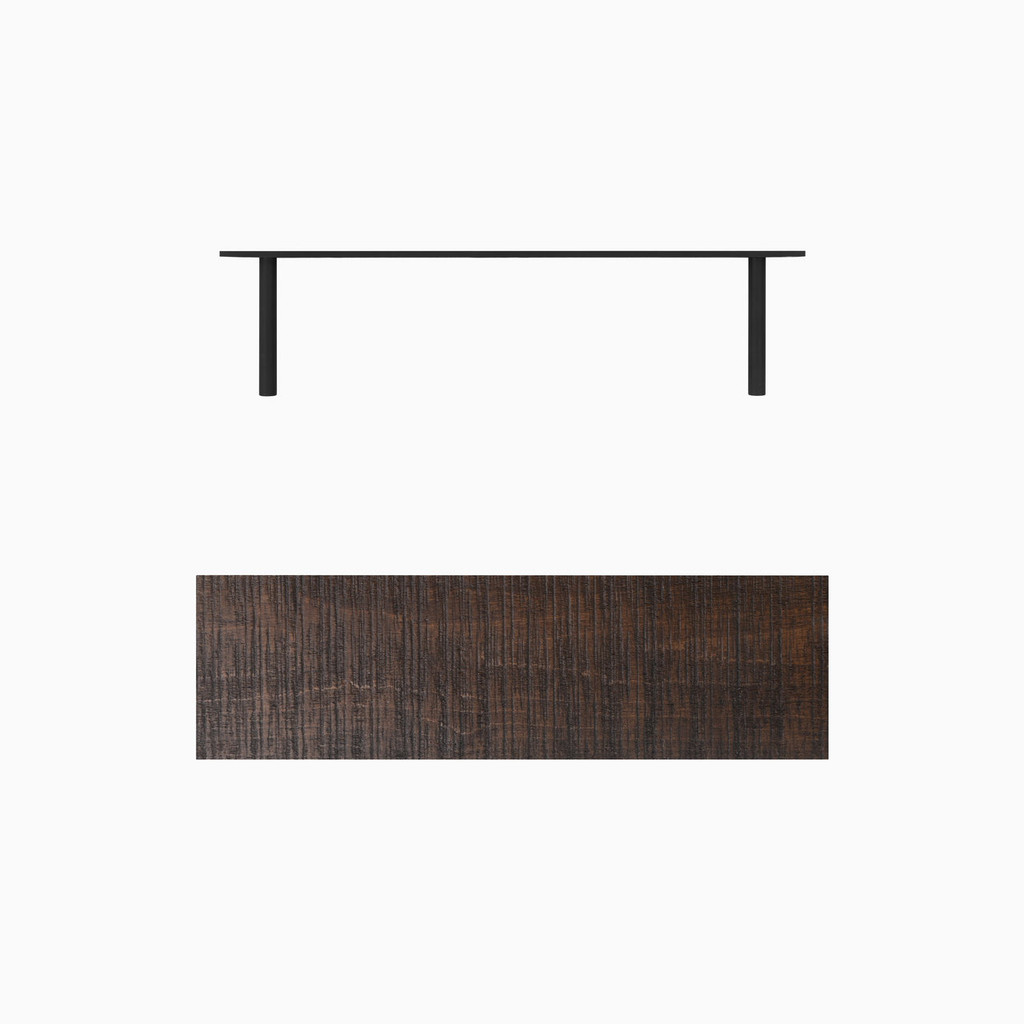 Dark brown stained, bandsaw textured solid alder floating wood shelves. Includes heavy duty concealed floating shelf bracket.