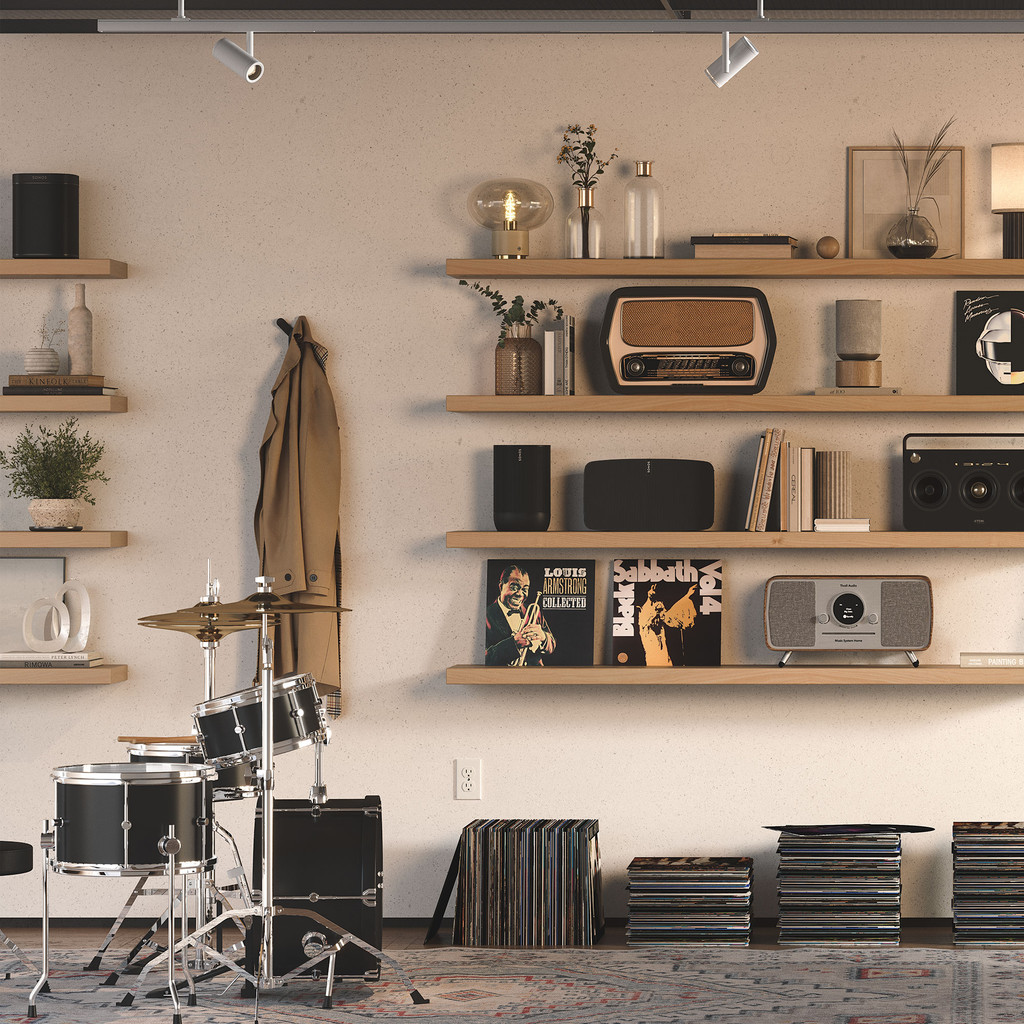 Solid alder heavy-duty floating shelf in a music studio.