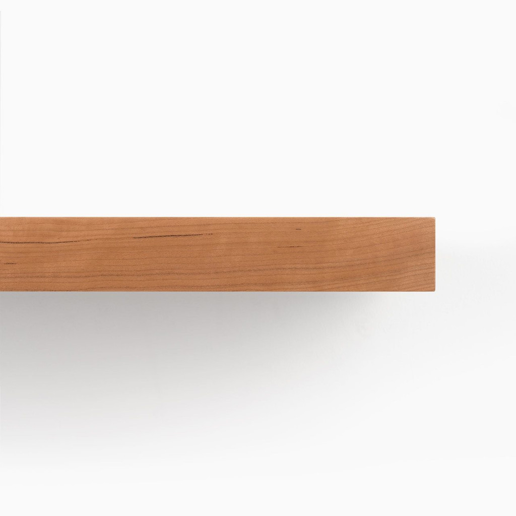 Front edge of our Cherry floating wood shelf. Perfect for any DYI'er or professional.