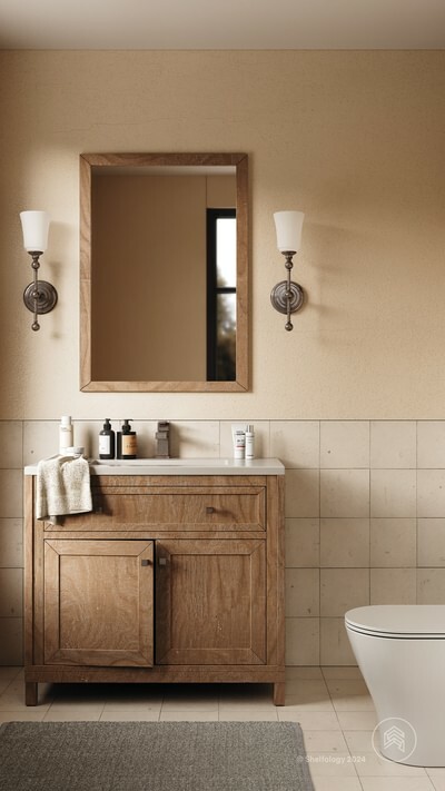 This neutral bathroom appears outdated and dull