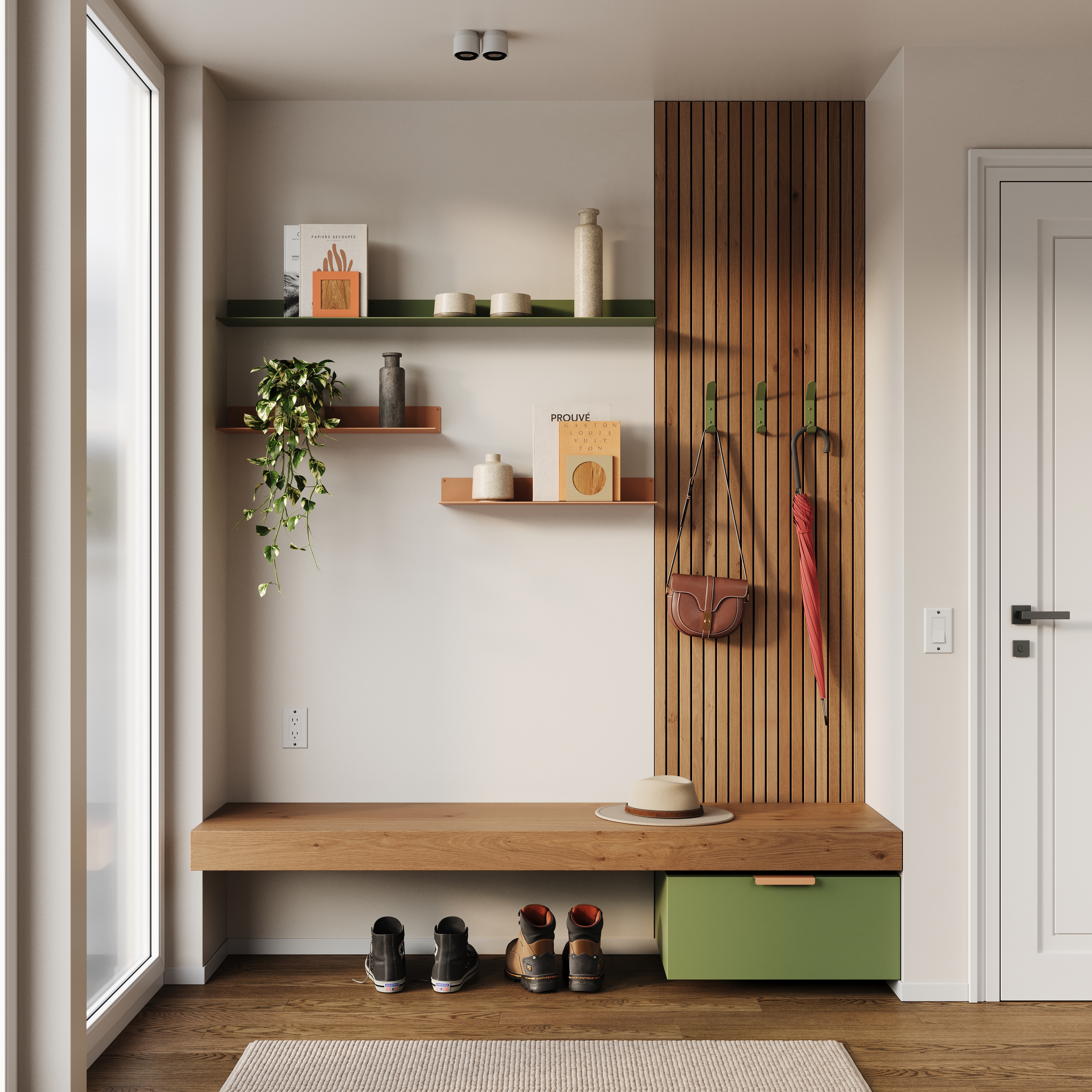 A small entryway benefits from ample organization and display like these Bender Wall Mounted Shelves, Doohooky Wall Hooks, and Rem Cabinet Pulls.