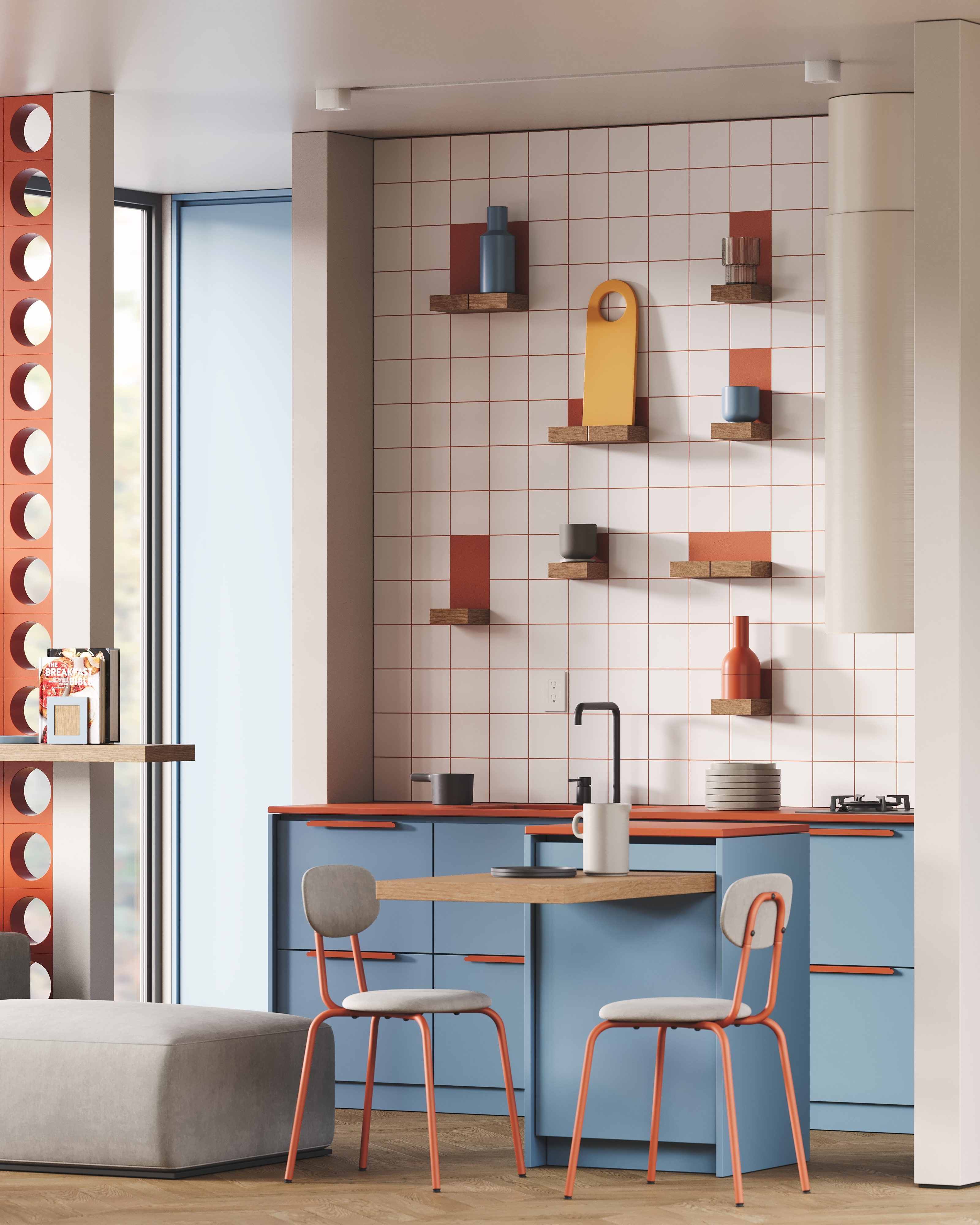 These colorful shelves provide a contrasting display to a ceramic collection.
