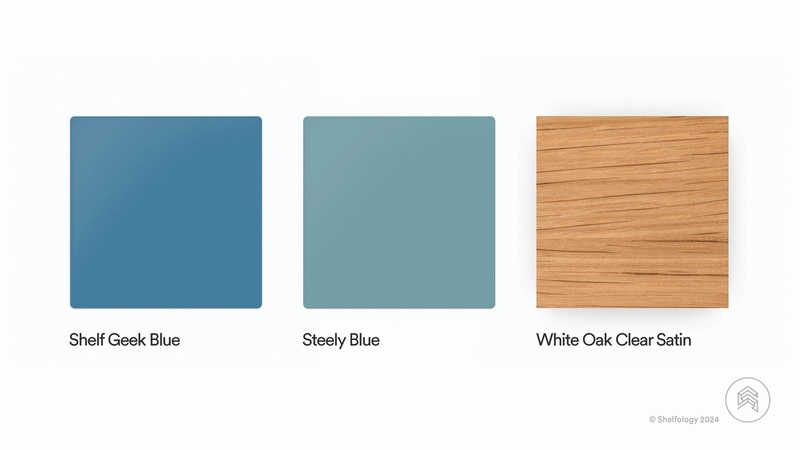 shelf geek blue, steely blue, white oak clear satin