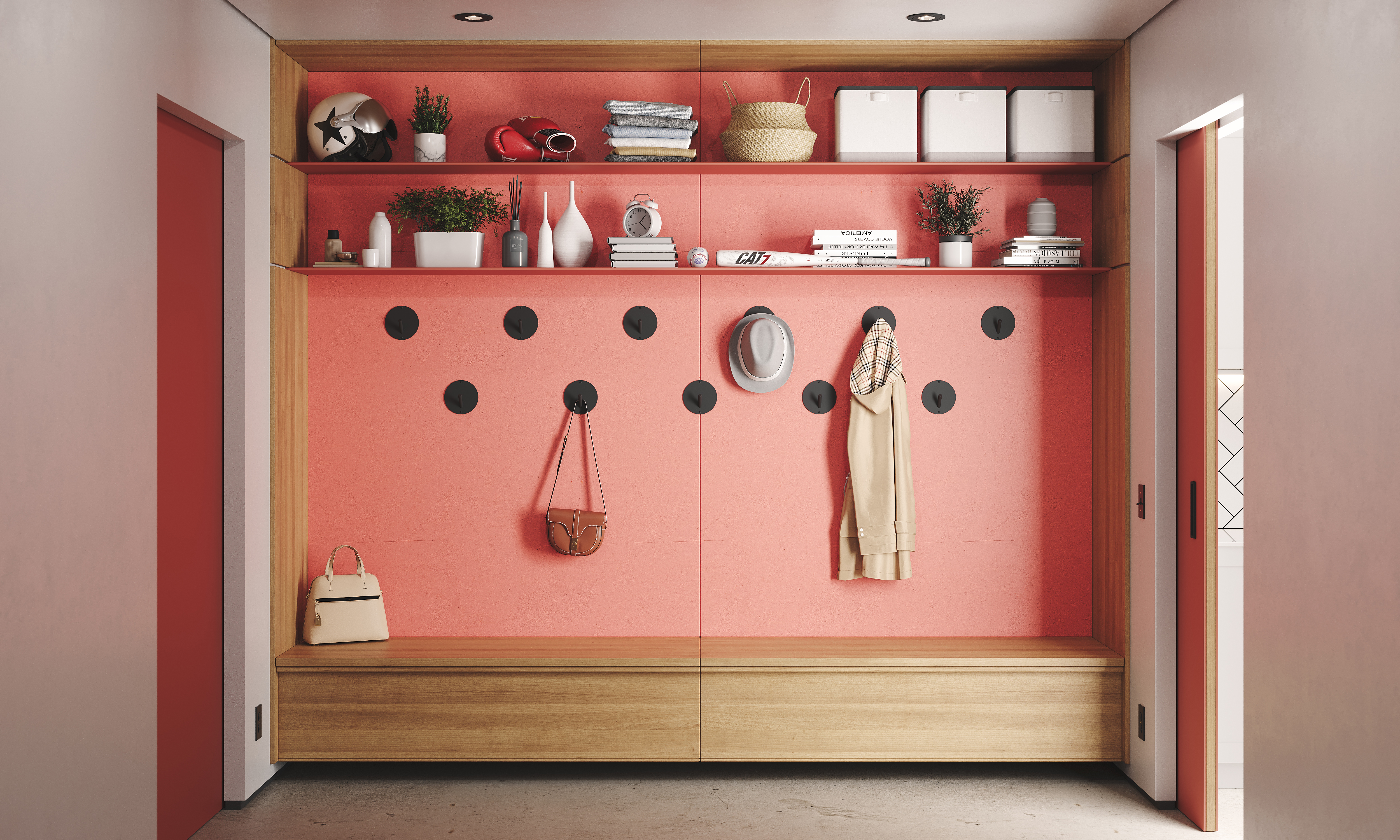 A mudroom doesn’t have to be plain! Make it a happy place to come home to with bright colors! Featuring the Shelfology Peggy Round Hook & Tromso shelf.