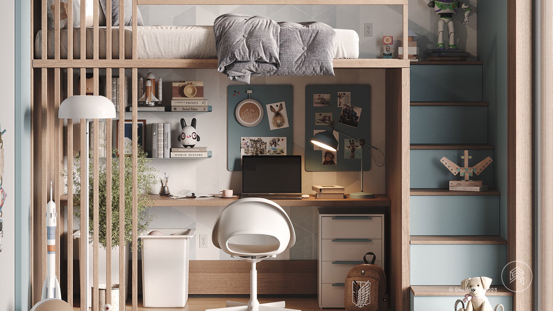 This loft bed maximizes space in a small bedroom.