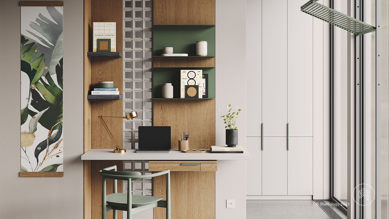 In-Bedroom Office featuring Bender wall shelf, Aksel Black Ash floating shelf, Yuri floating desk, and Edo picture rail.