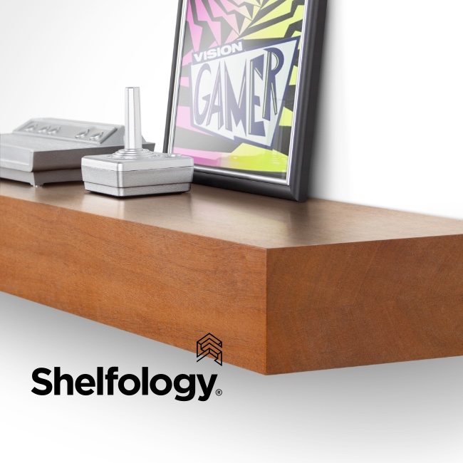 Mahogany floating shelf with game console on display