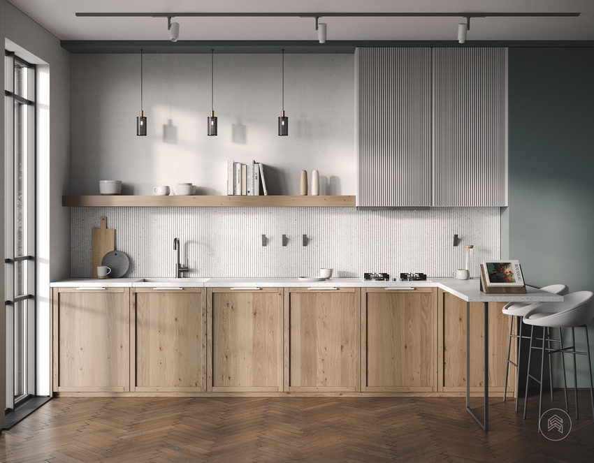 modern shelving and cabinet in kitchen