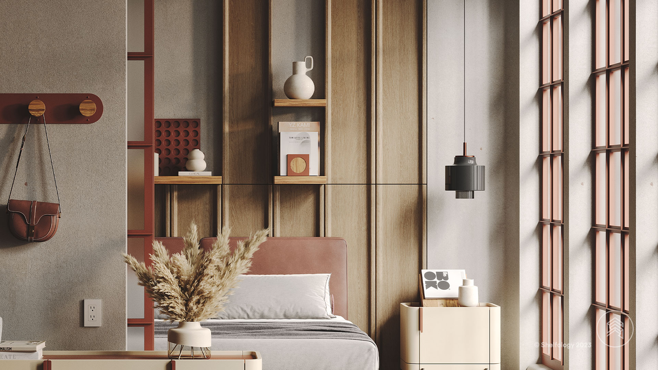 Modern bedroom featuring Runda wall shelf, REM cabinet pull, Book Wedgie, and Aksel Teak floating shelf.