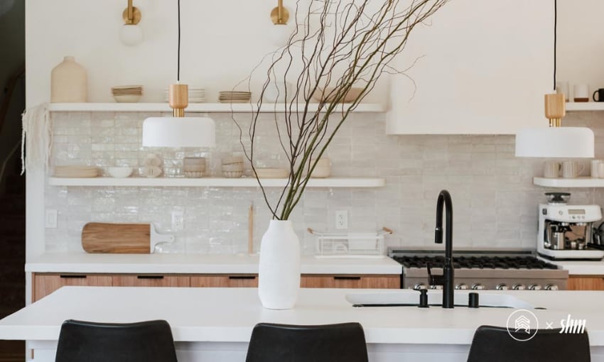 Wet Bar Thin Floating Shelves with Brass Shelf Rail - Simply Aligned Home