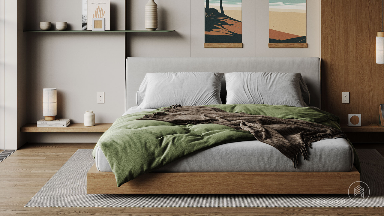 Modern bedroom featuring Tromso floating shelf, Ellie bookends, and Book Wedgie.