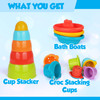 Playkidz Bath Toys Bundle Set - Little Boat Train, Stacking Bowls and Croc Cups for Toddlers- Pack of 16 Stackable Plastic Kids Tugboats and Cute Cups for Bathtub & More Ages 12m+