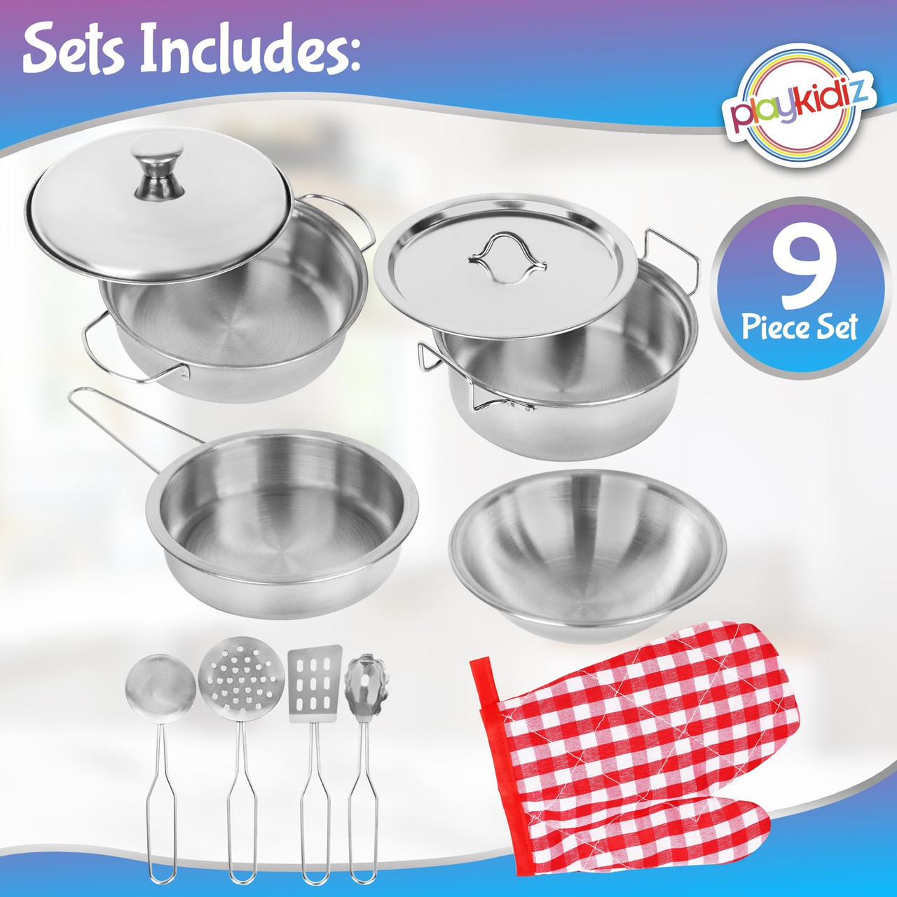 Playkidz 9 Piece Stainless Steel Pots and Pans - Toy Cookware