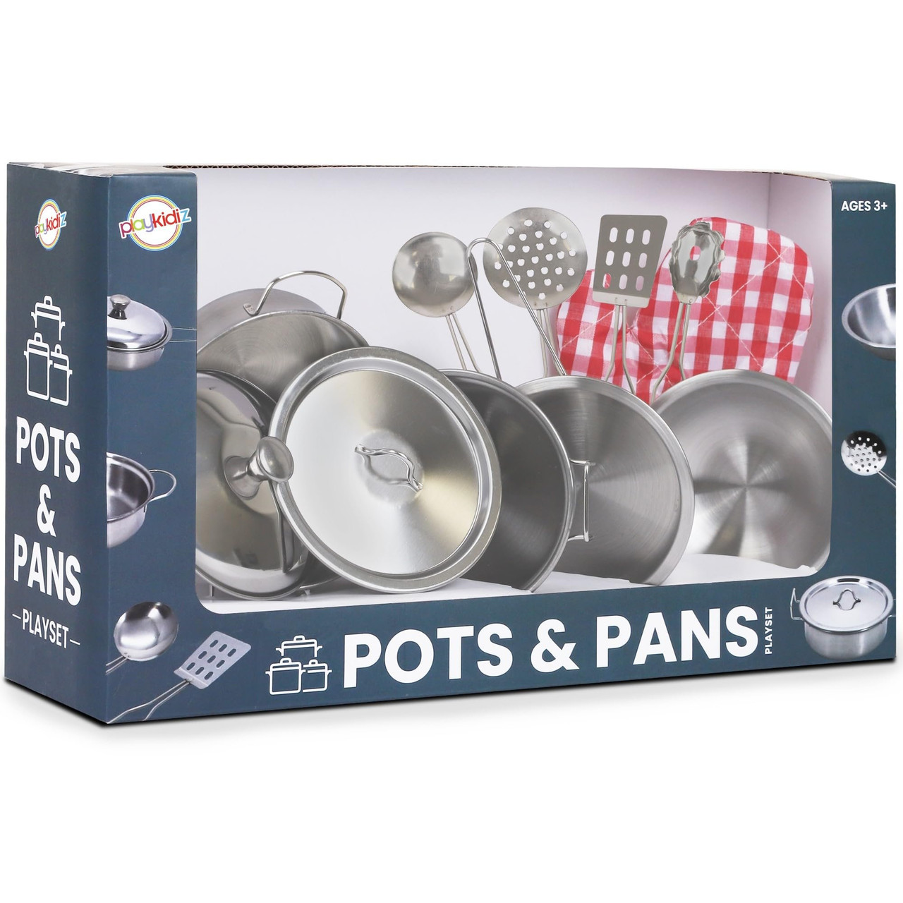 Playkidz 9 Piece Stainless Steel Pots and Pans - Toy Cookware
