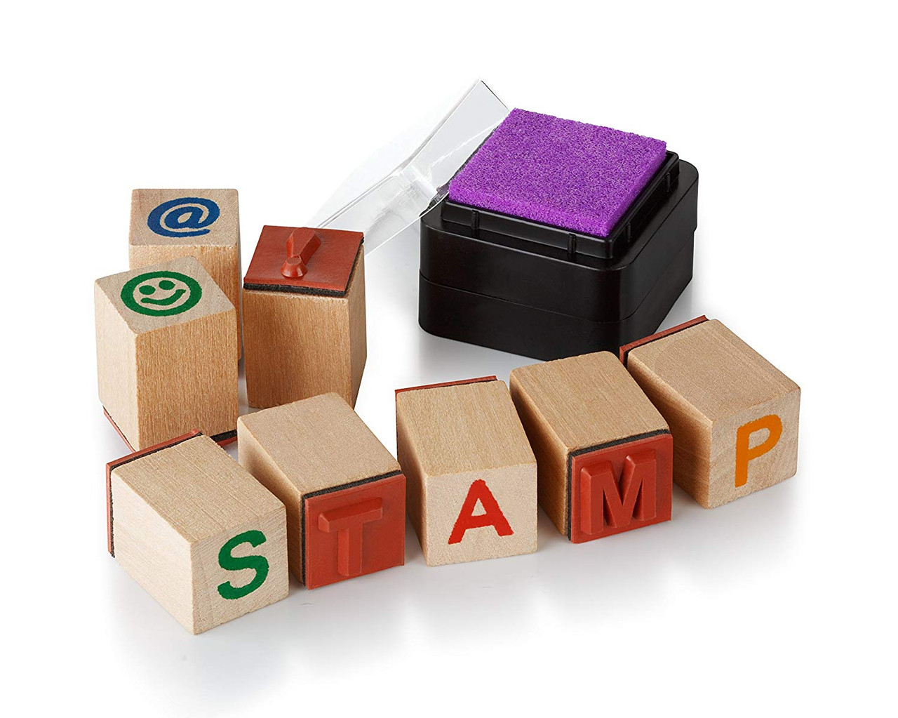 Moore: Premium Wooden Alphabet Stamp Set - 34 piece set of Uppercase  Letters Stamps With 4 Color Ink Pads. - Toys 4 U
