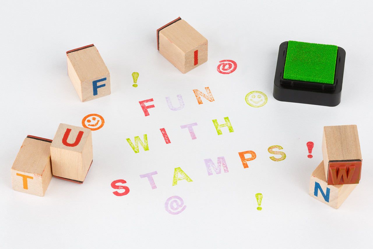 Moore: Premium Wooden Alphabet Stamp Set - 34 piece set of Uppercase Letters  Stamps With 4 Color Ink Pads. - Toys 4 U