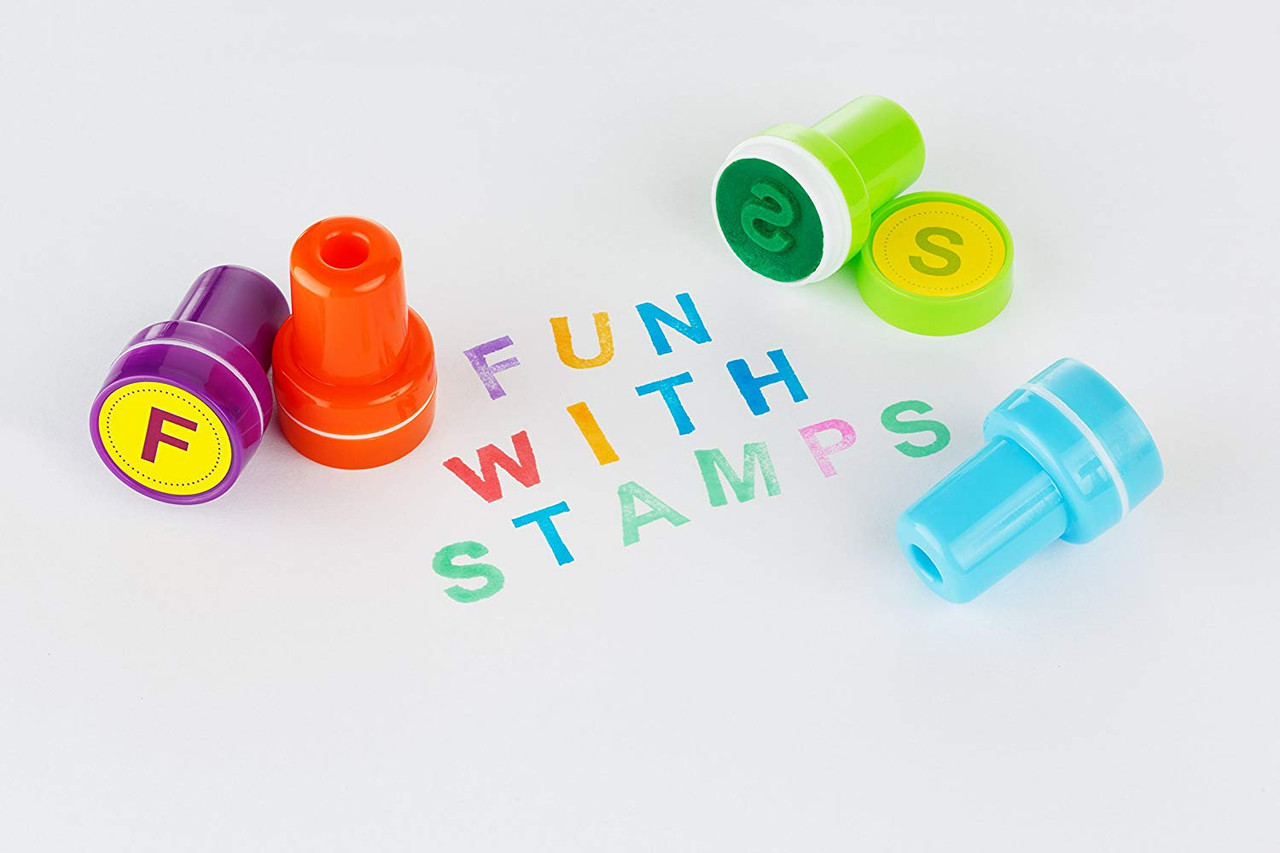 Moore: Premium Wooden Small Alphabet Stamp Set - 34 piece set of Lowercase  Alphabet Stamps with 4 Color Ink Pads - Toys 4 U