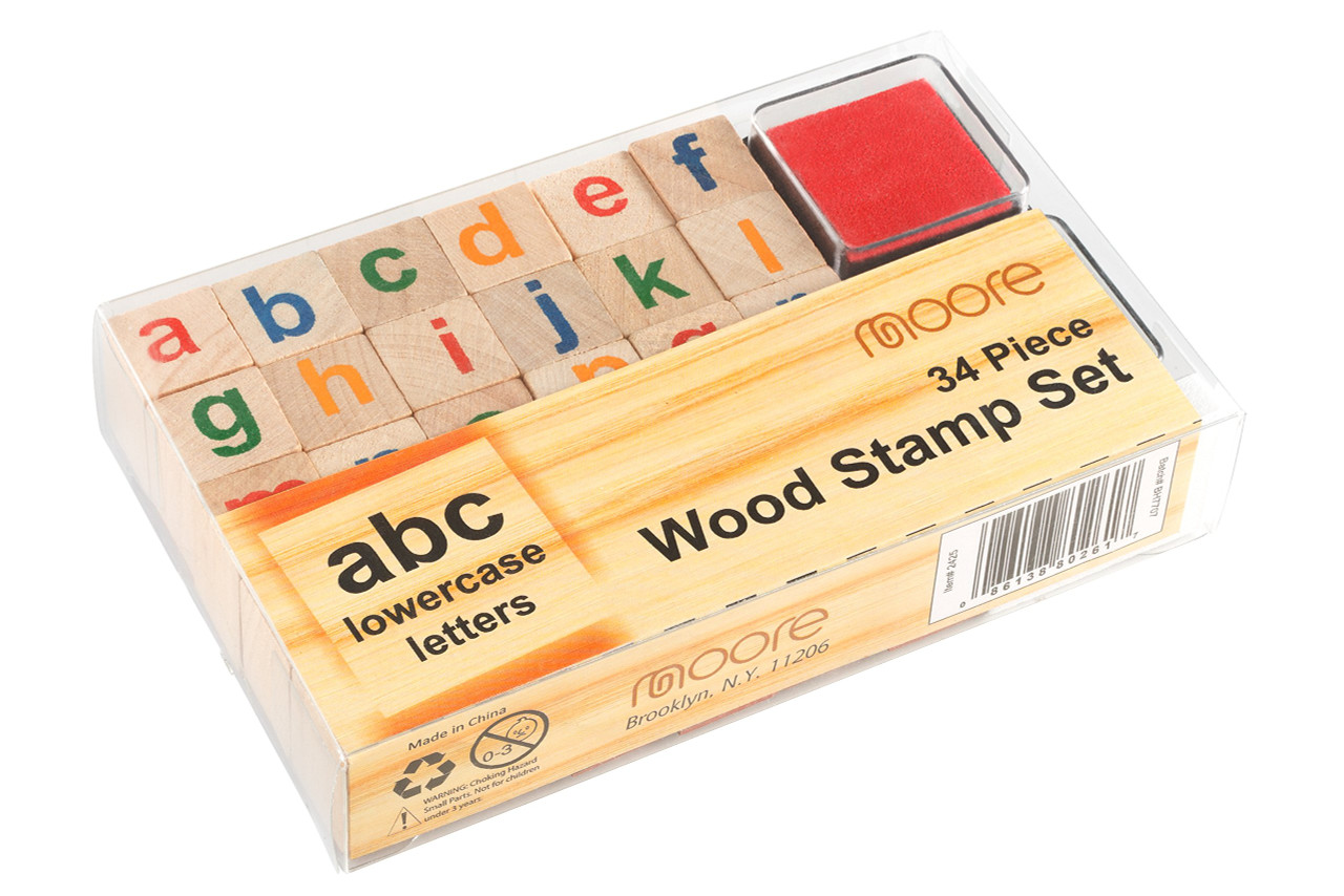 Moore Art Premium Wooden Small Alphabet Stamp Set, 34 piece set of  Lowercase Alphabet Stamps with 4 Color Ink Pads 