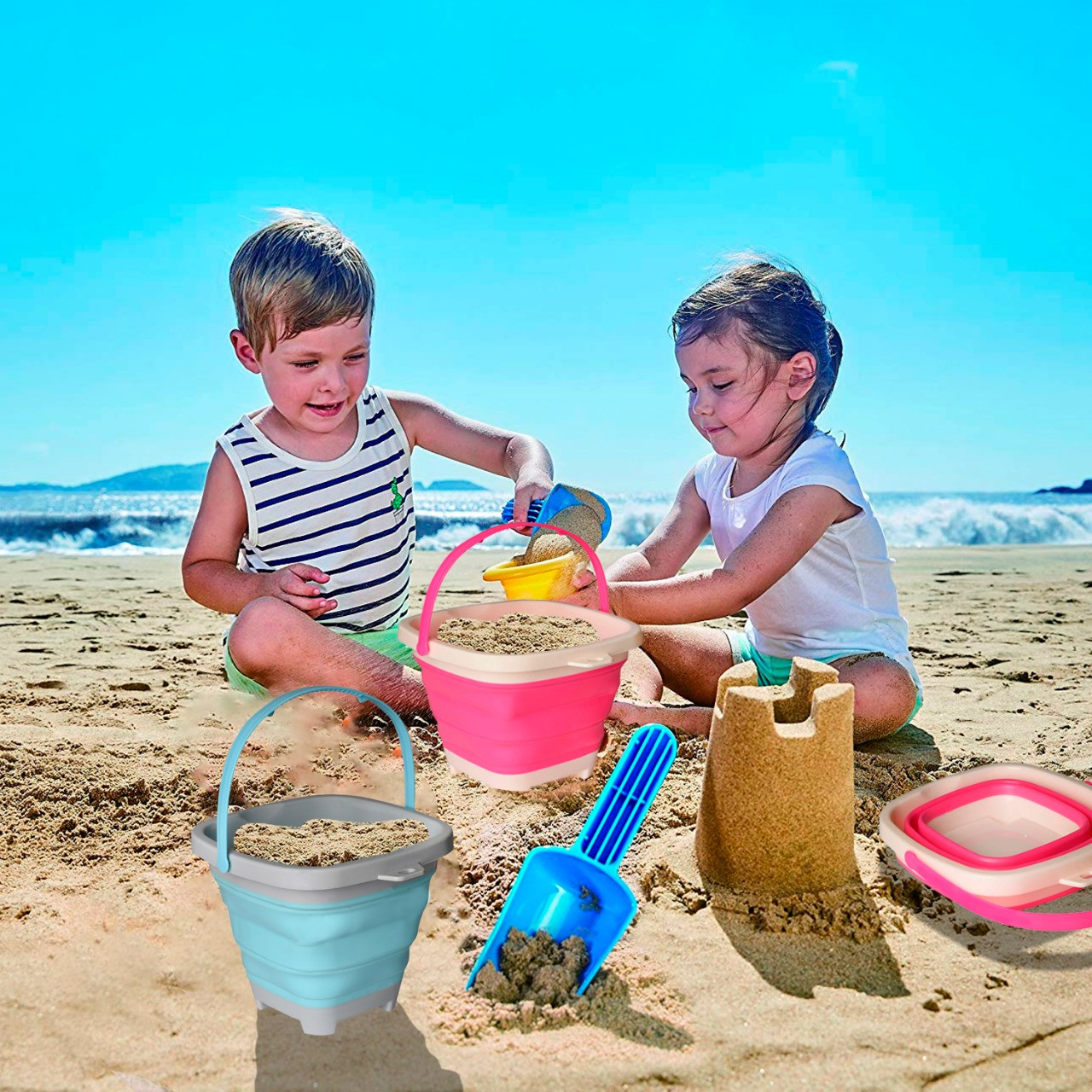 Foldable Pail Bucket Collapsible Buckets Multi Purpose for Beach, Camp