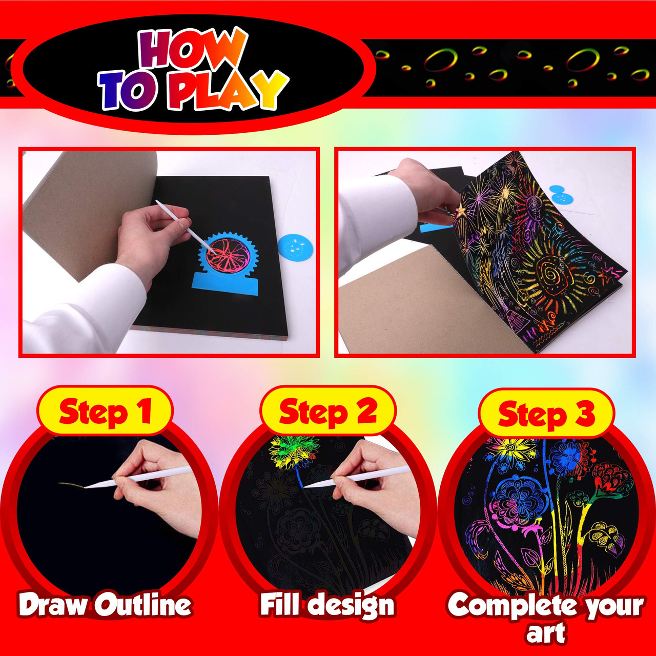 Playkidiz Scratch Paper Art Box, 50 Rainbow Scratch Off