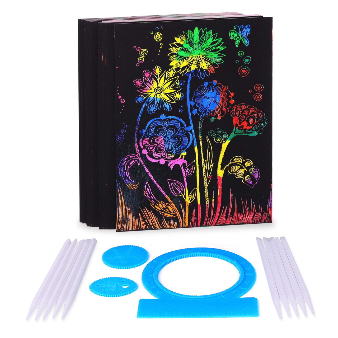 Playkidz Scratch Paper Art Box, 50 Rainbow Scratch Off Notes 8.3 x 5.8,  Magic Scratch Art, Includes 3 Mandalas for fun designs & 10 Stylus Pens -  Toys 4 U