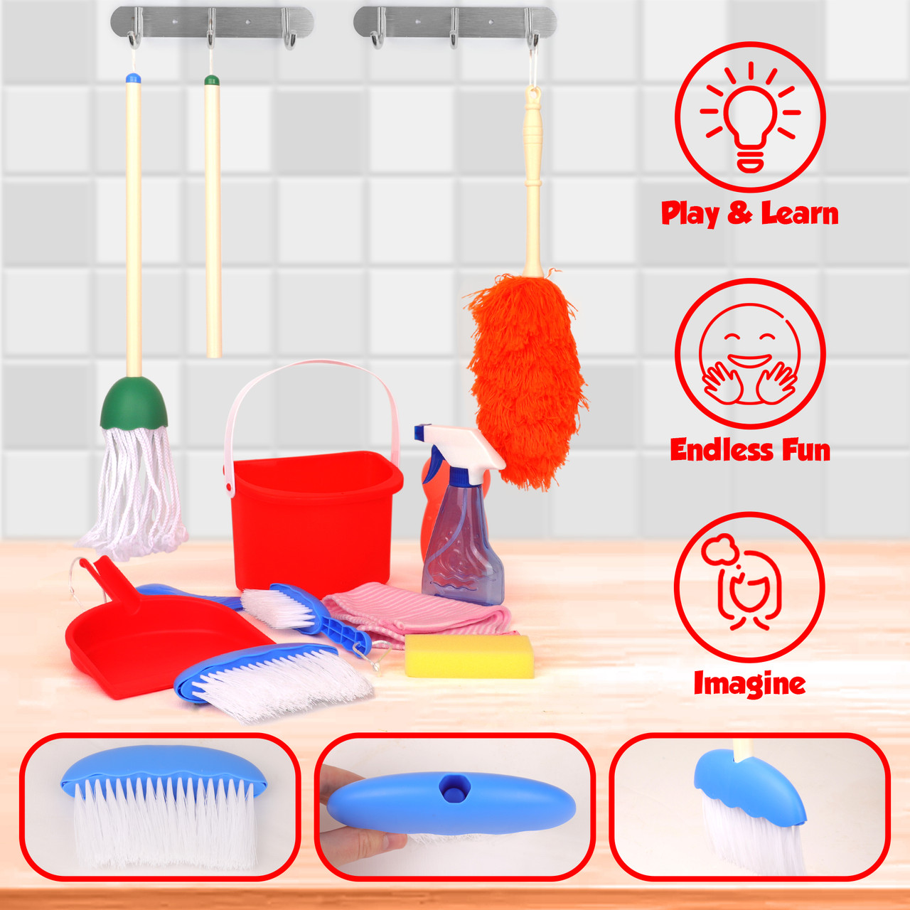 Playkidz Deluxe Cleaning Set, 11Pcs Includes Spray, Mop, Brush