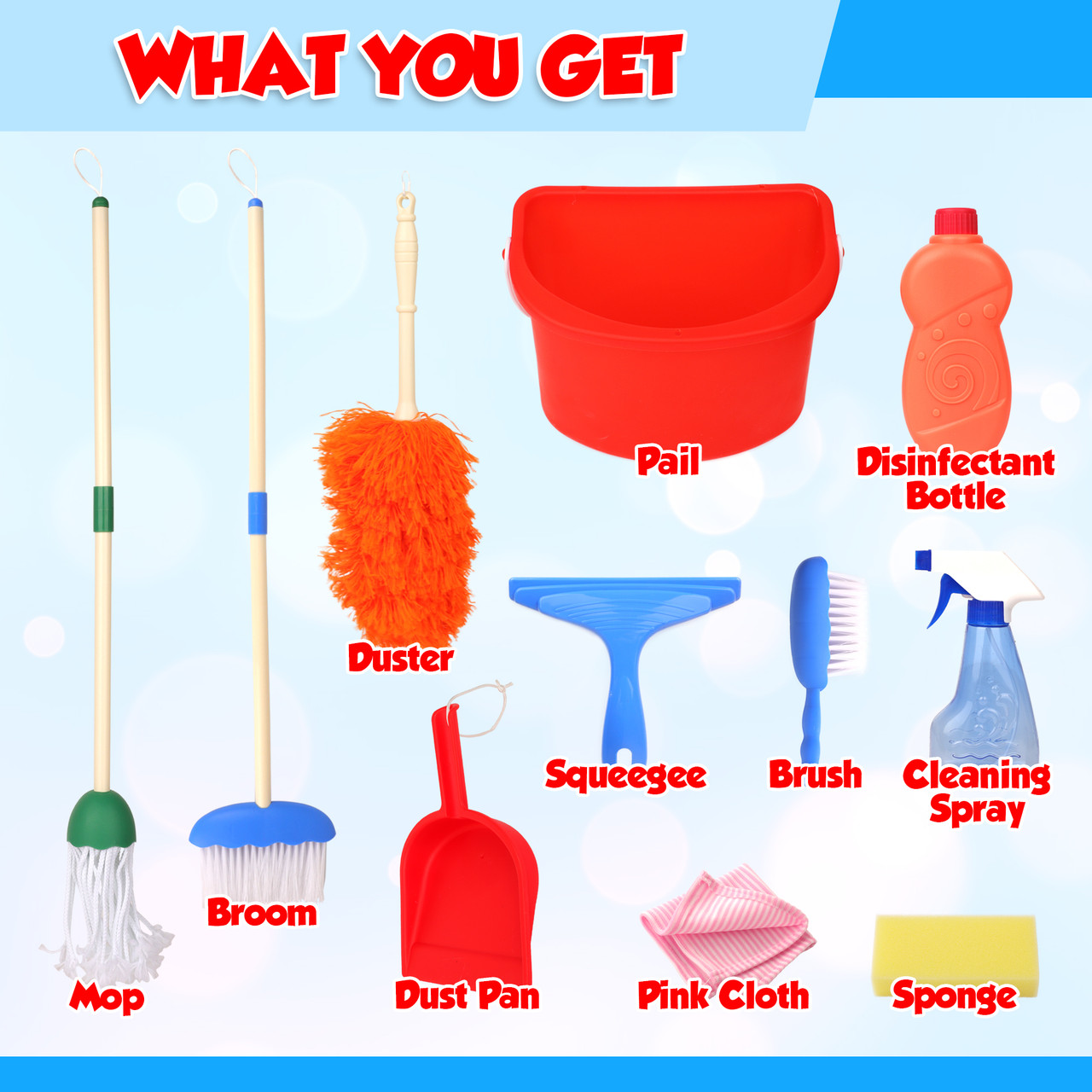 Playkidz Cleaning Caddy Set, 10Pcs Includes Spray, Sponge