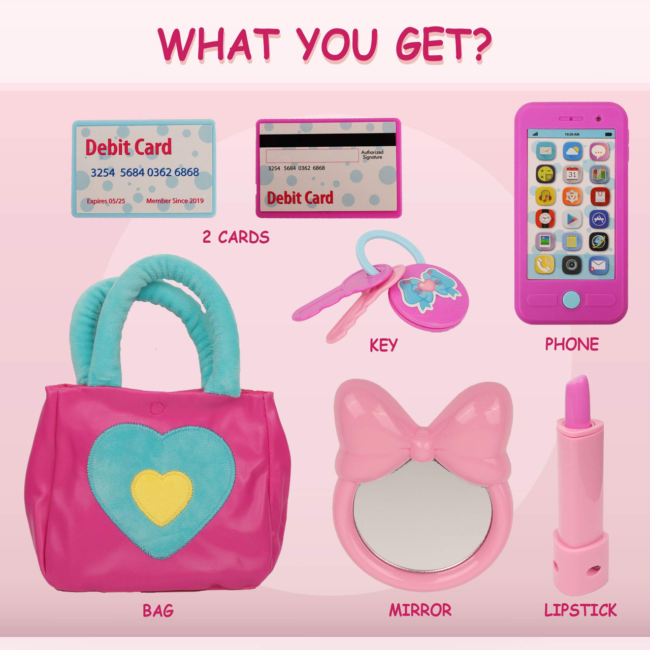 Star Princess Play Purse for Little Girls and Toddlers - Girls Toys Pretend Play Accessories: Toy Phone, Wallet, Credit Cards, Keys, Pretend Makeup