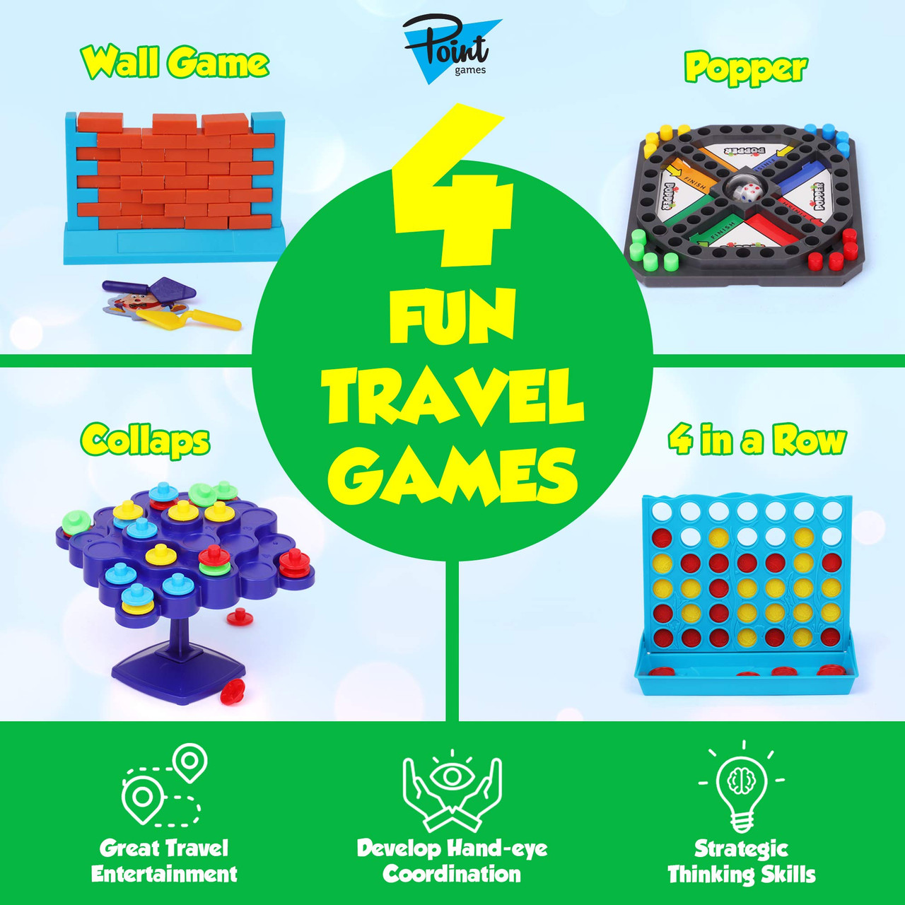 Point Games 4 Fun Travel Games - Board Game Assortment in One Box - Improves Eye-hand Coordination and Stimulates Strategy and Critical Thinking 