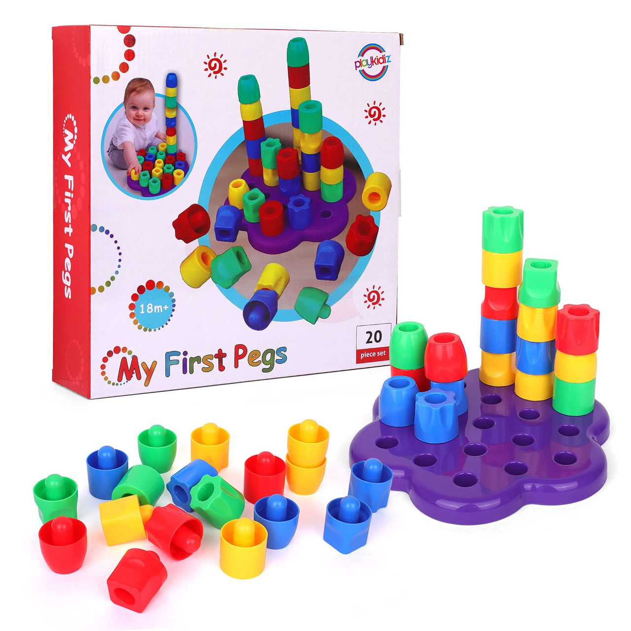 Playkidiz My First Pegs Playset, Large Colored and Fun Shape Stacker  Plastic Pegs, Baby and Toddler Peg Board Toys, Play and Learn STEM Toy,  Fine