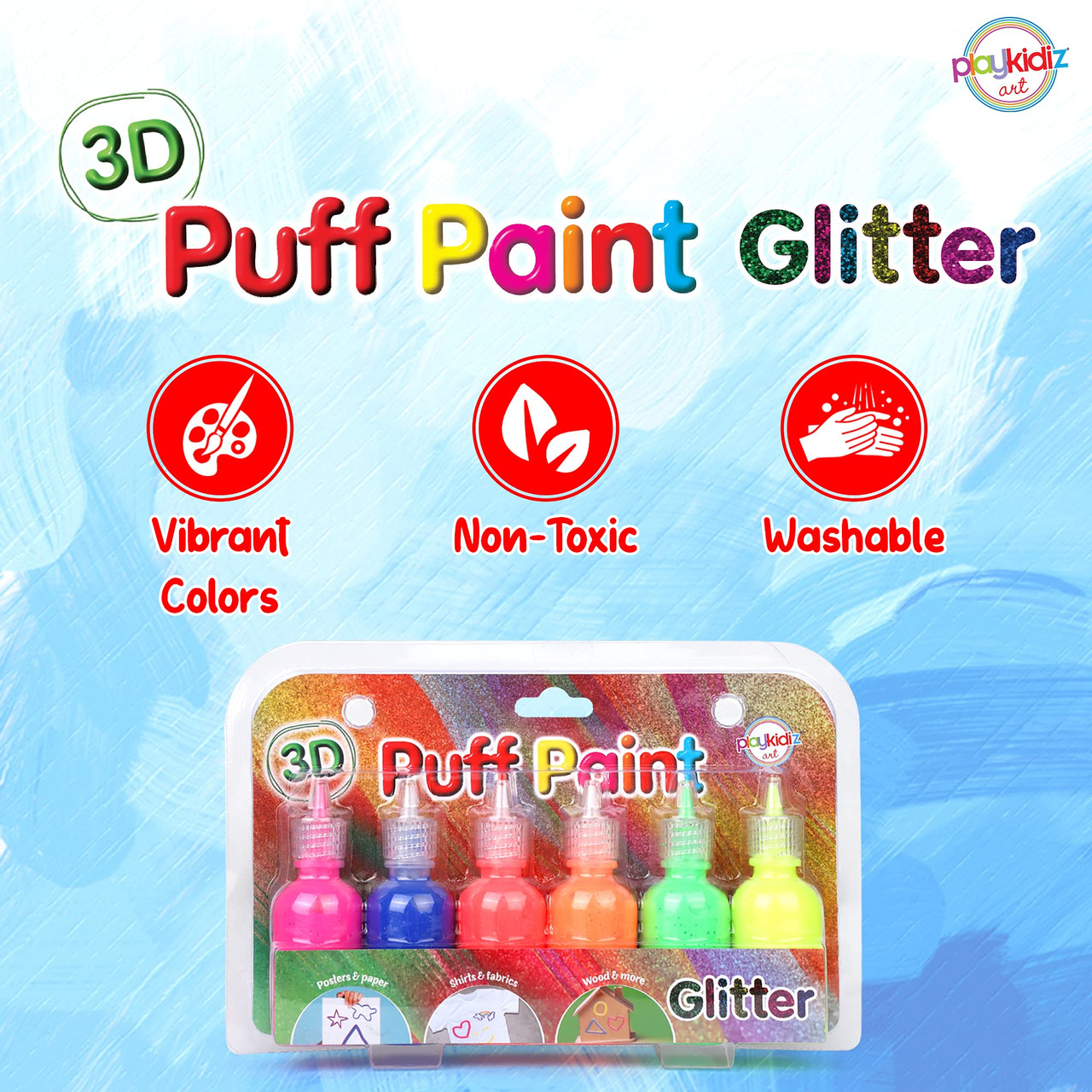 Playkidiz 3-D Art Glitter Puff Paint For Kids, 6 Pack Color Pack