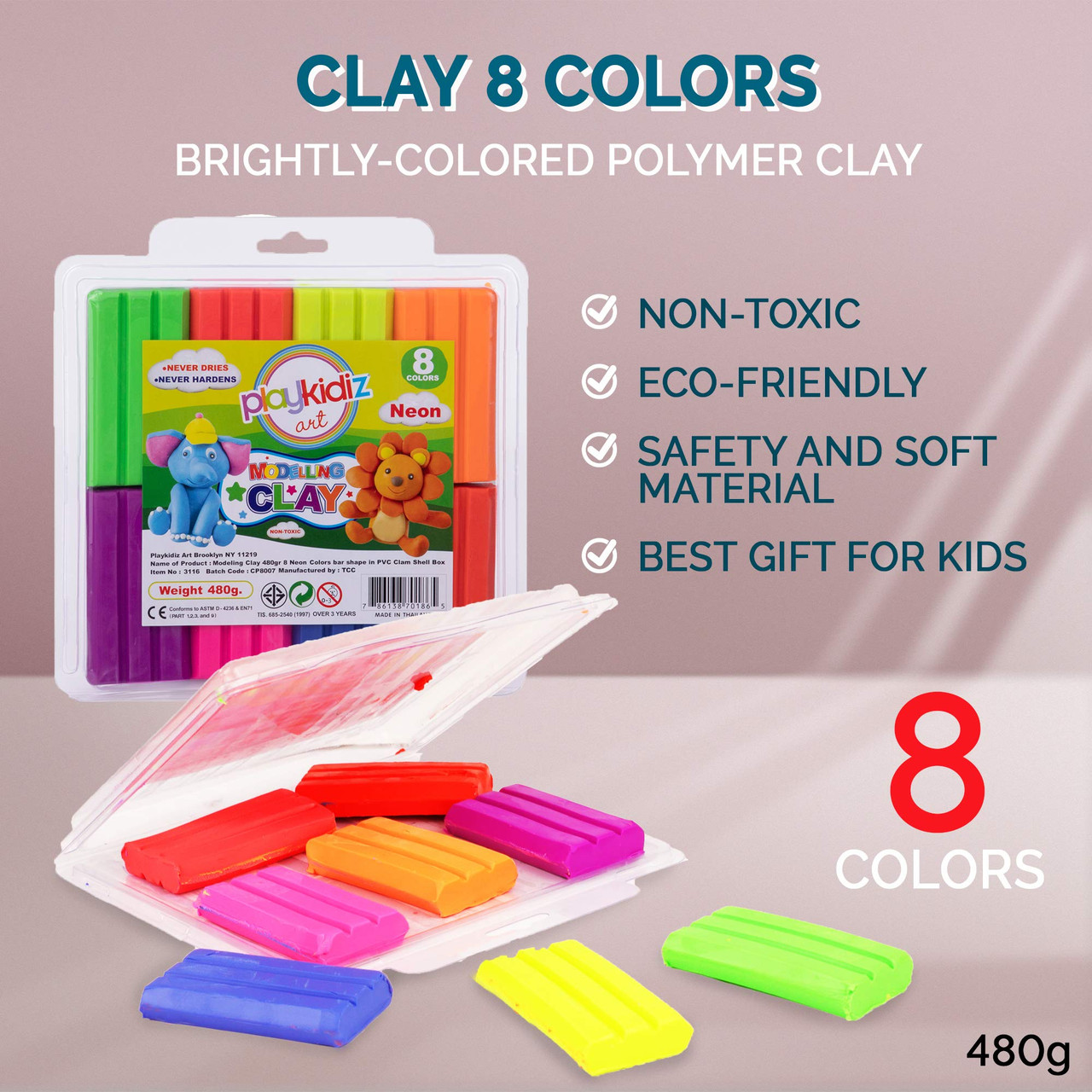 Playkidiz Art Modeling Clay 8 Neon Colors in PVC Clam Shell Box, Beginners  Pack 480 Grams, STEM Educational DIY Molding Set, at Home Crafts for Kids -  Toys 4 U