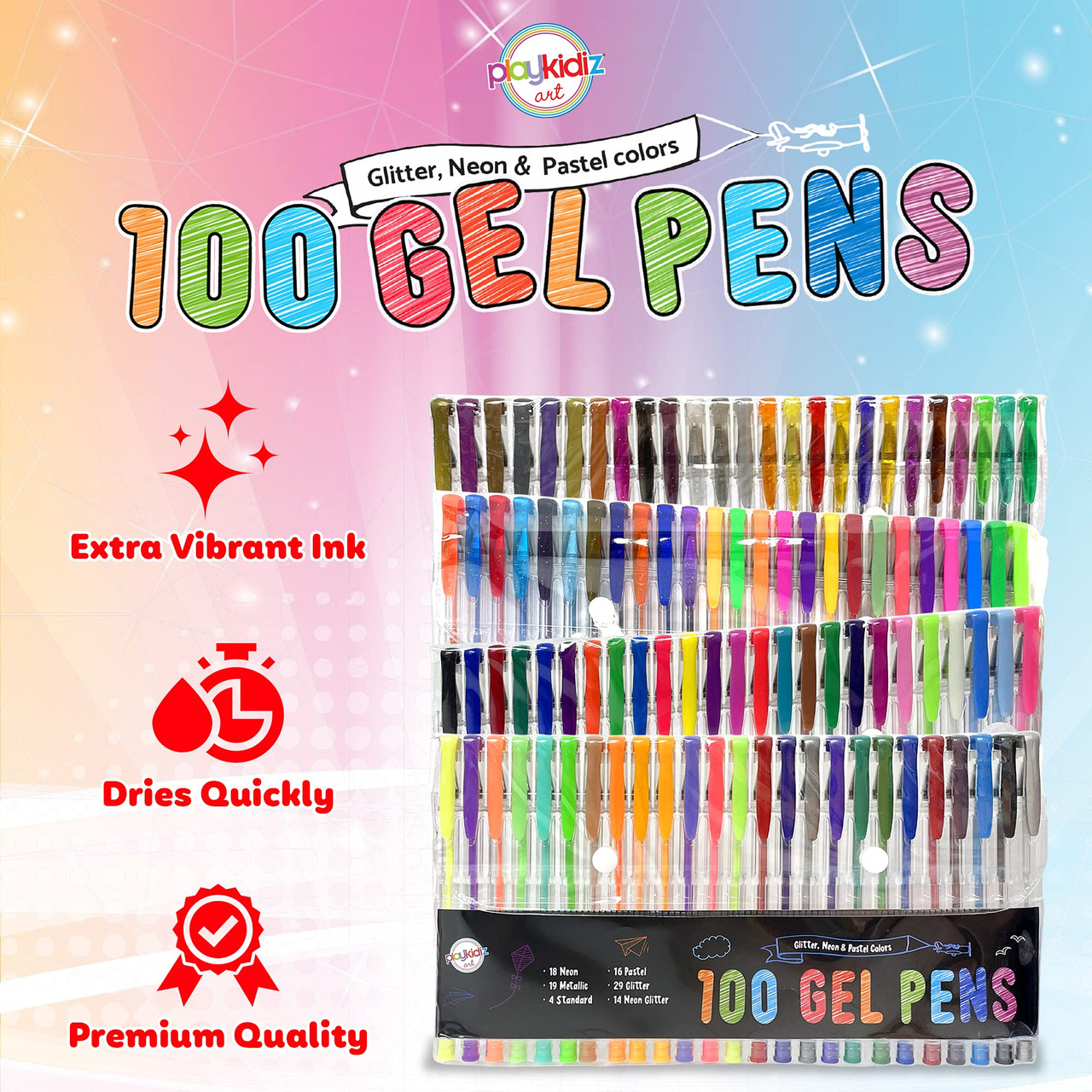 Playkidiz Gel Pens, Fine Point Colored Pens Great for Adult Coloring Book,  Glitter neon & Pastel Colors 100 Pack, Journaling, Crafting, Doodling,  Drawing Fun - Toys 4 U