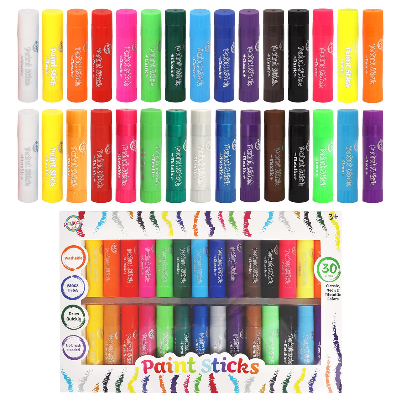 Playkidiz Paint Sticks, 30 Pack Bulk Set, Classic, Neon & Metallic Colors,  Twistable Crayon Paint Sticks, Mess-Free Tempera & Poster Paint, Quick