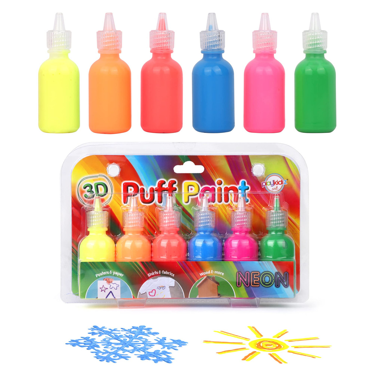 Playkidiz 3-D Art Neon Puff Paint For Kids, 6 Pack Color Pack