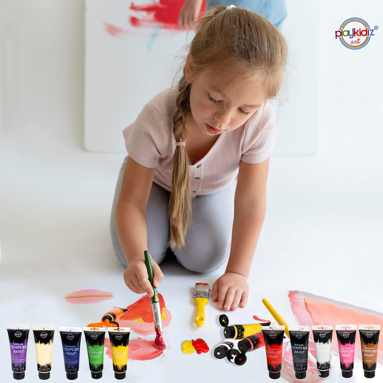 Playkidiz Washable Tempera Paints Set of 12 4 oz Bottles for Children,  Non-Toxic Washable Acrylic Paint, Kid Friendly, Kid Safe Paint Set,  Includes Variety of Brushes, Color, Craft, Create and Party.â€ 