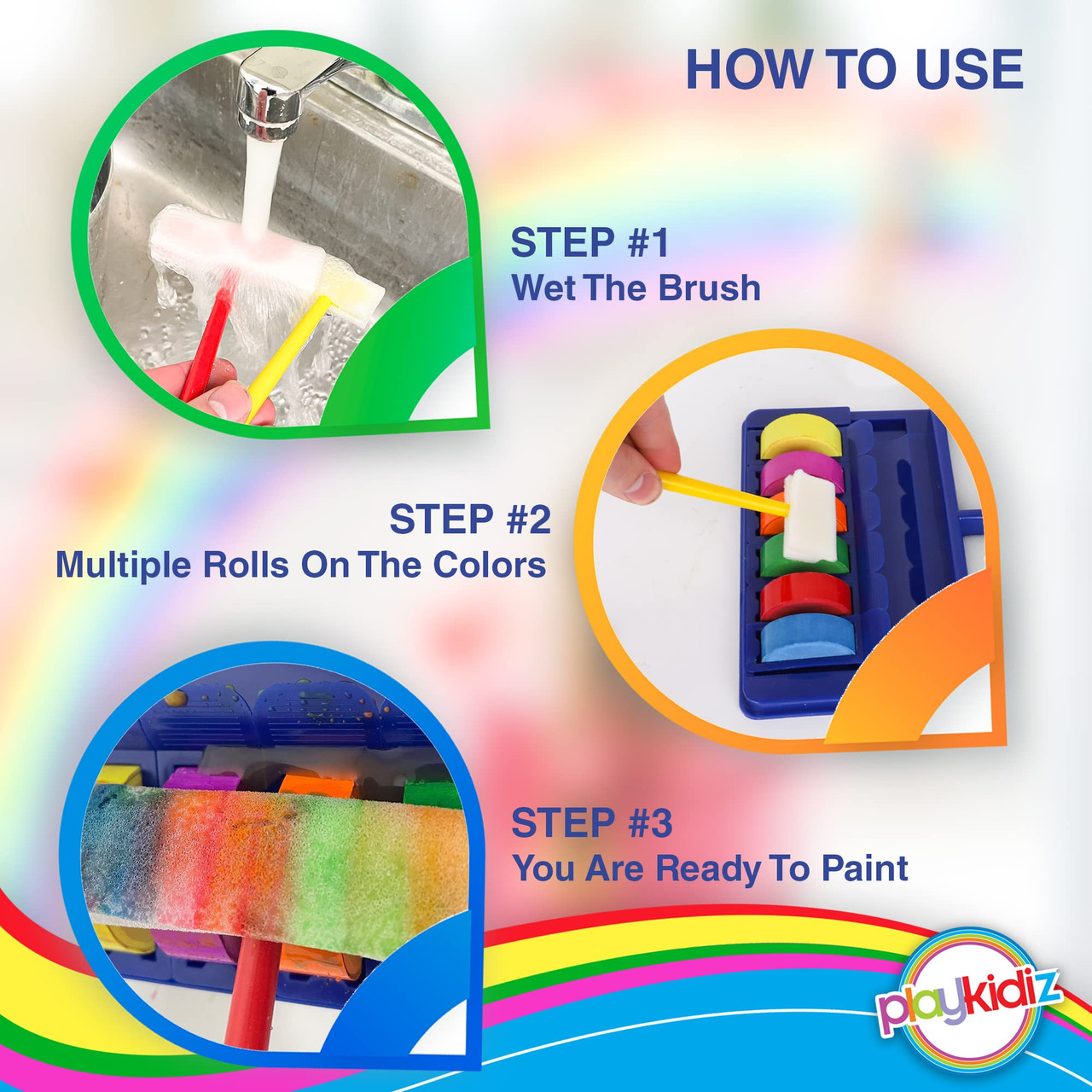 Playkidiz Rainbow Watercolor Washable Classic Colors Painting Set, 12 Piece Complete Paint Set for Kids, Includes 6 Foam Paintbrushes and 6