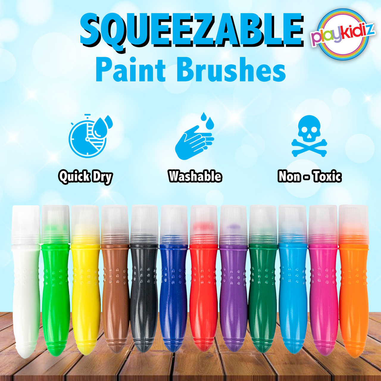 Playkidiz Squeezable Paint Brushes Classic Colors For Kids, Washable  Tempera Paint Brush, 12 Assorted Fun Colors for Toddler, (24ml/0.8oz Each)