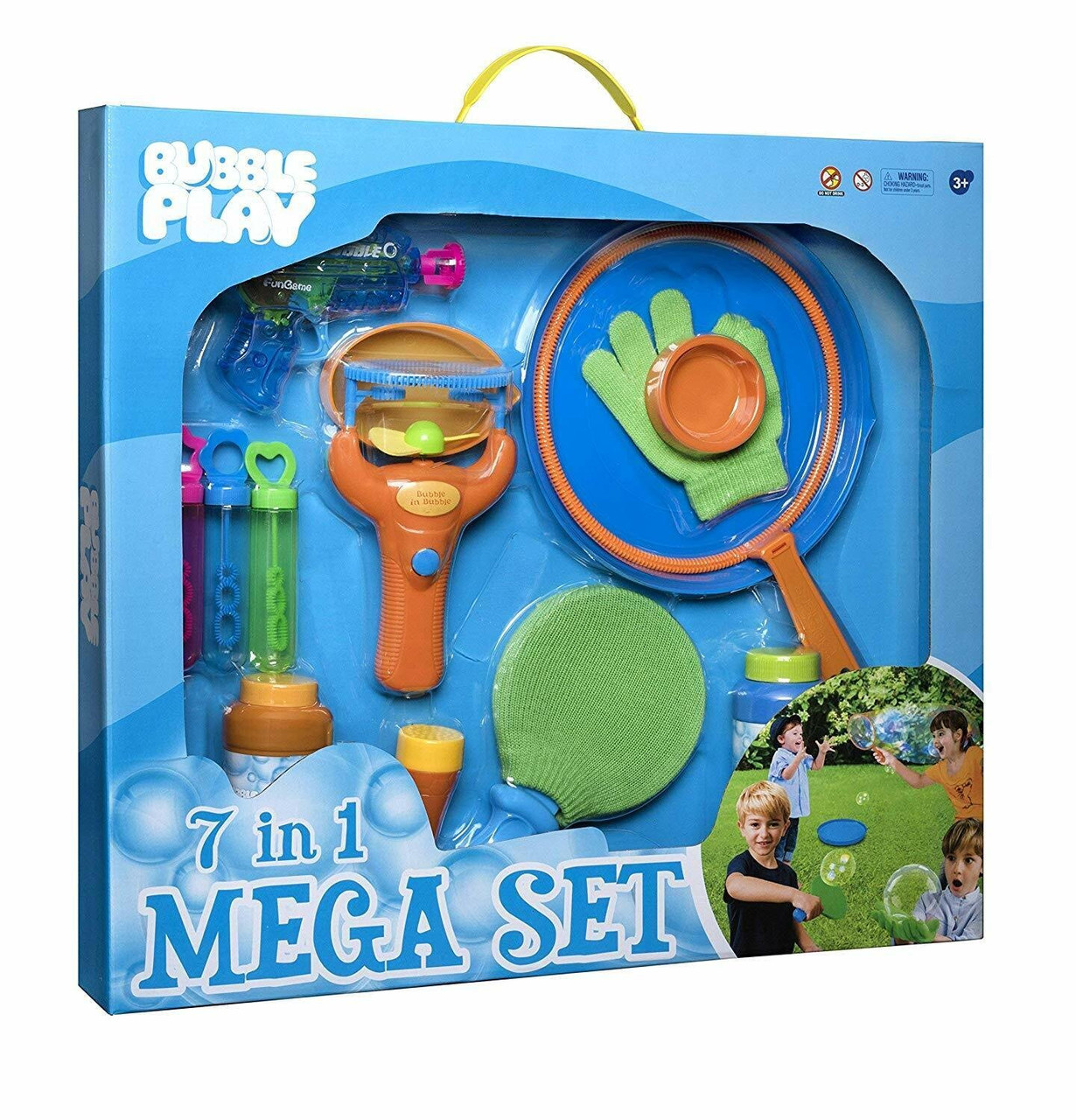 Bubble Play 7-in-1 Magic Bouncing Bubble Mega Set Includes [3] Mini  Blowers, [2] 8oz Solution Refills, Blaster Gun, Handheld Fan, Jumbo Wand,  Bouncy Game Paddle, Glove, Blower Tool, Trays & More - Toys 4 U
