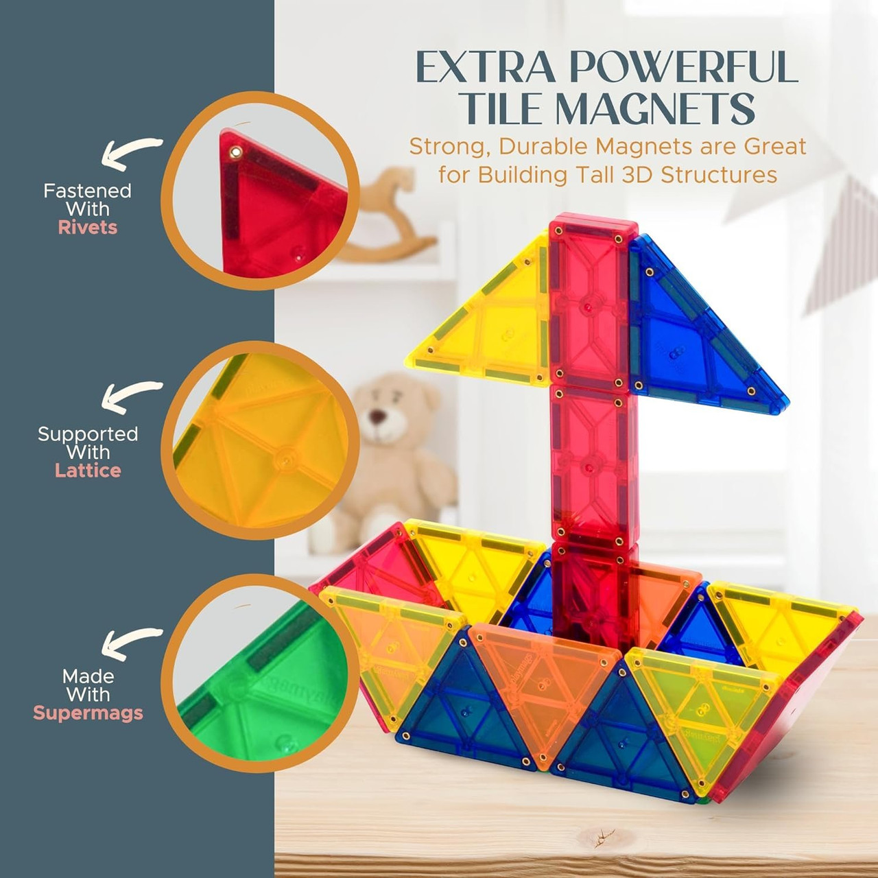 Playmags 100-Piece Magnetic Tiles Building Blocks Set, 3D