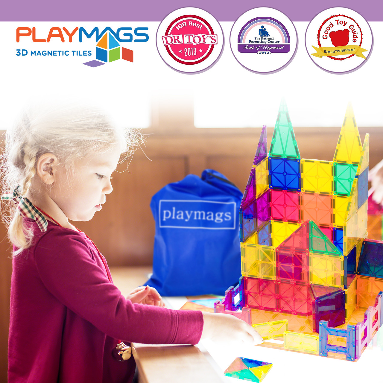 Playmags Magnetic Tile Building Set Exclusive Educational Clickins 36Pc Kit  18 Super Strong Clear Color Magnet Tiles Windows & 18 Letters & Numbers  Stimulate Creativity & Brain Development 