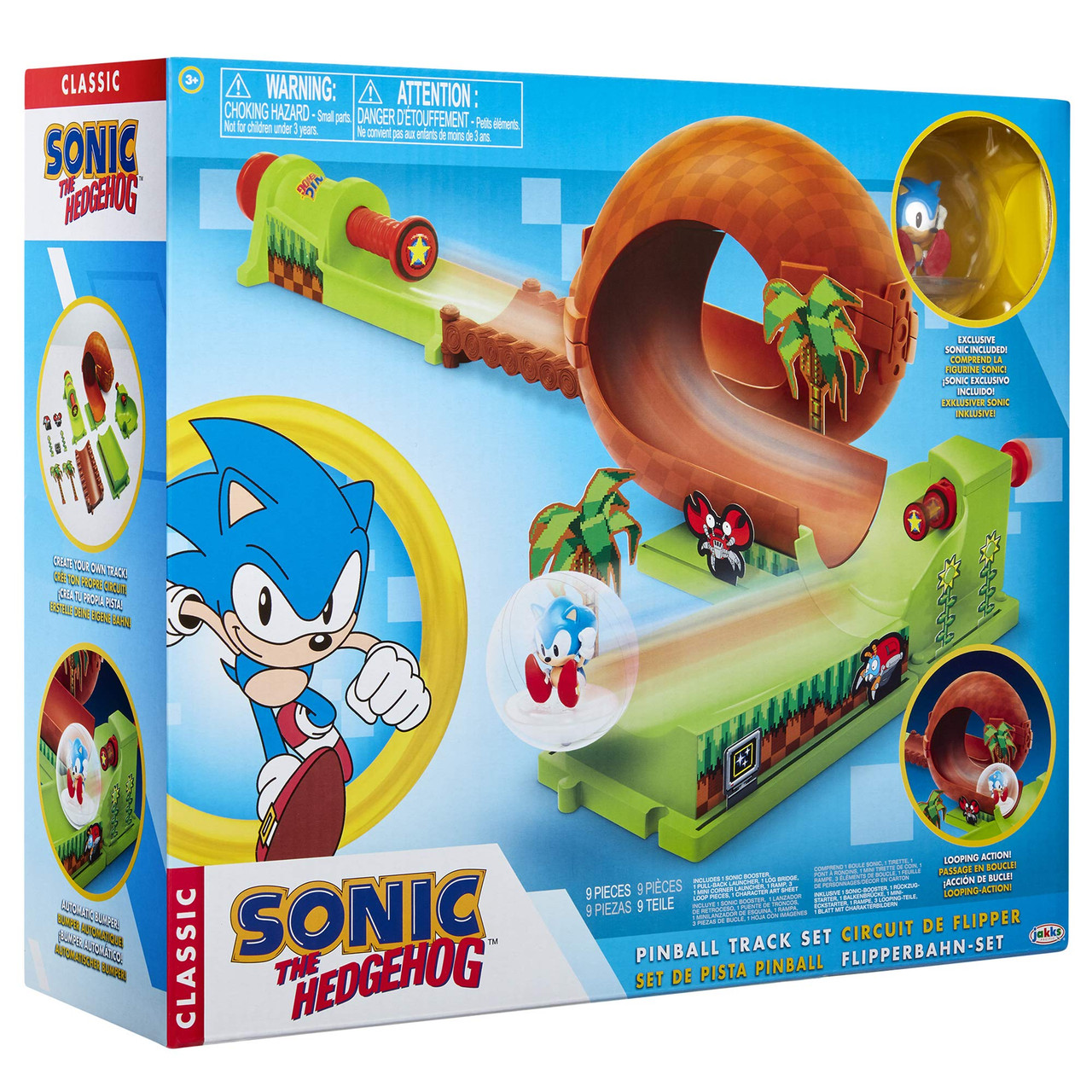 Sonic The Hedgehog Pinball Green Hill Zone Pinball Track Play Set, 9 Piece,  with Looping Action & Automatic Bumper Exclusive Sonic Sphere Included, for  Ages 3+ - Toys 4 U