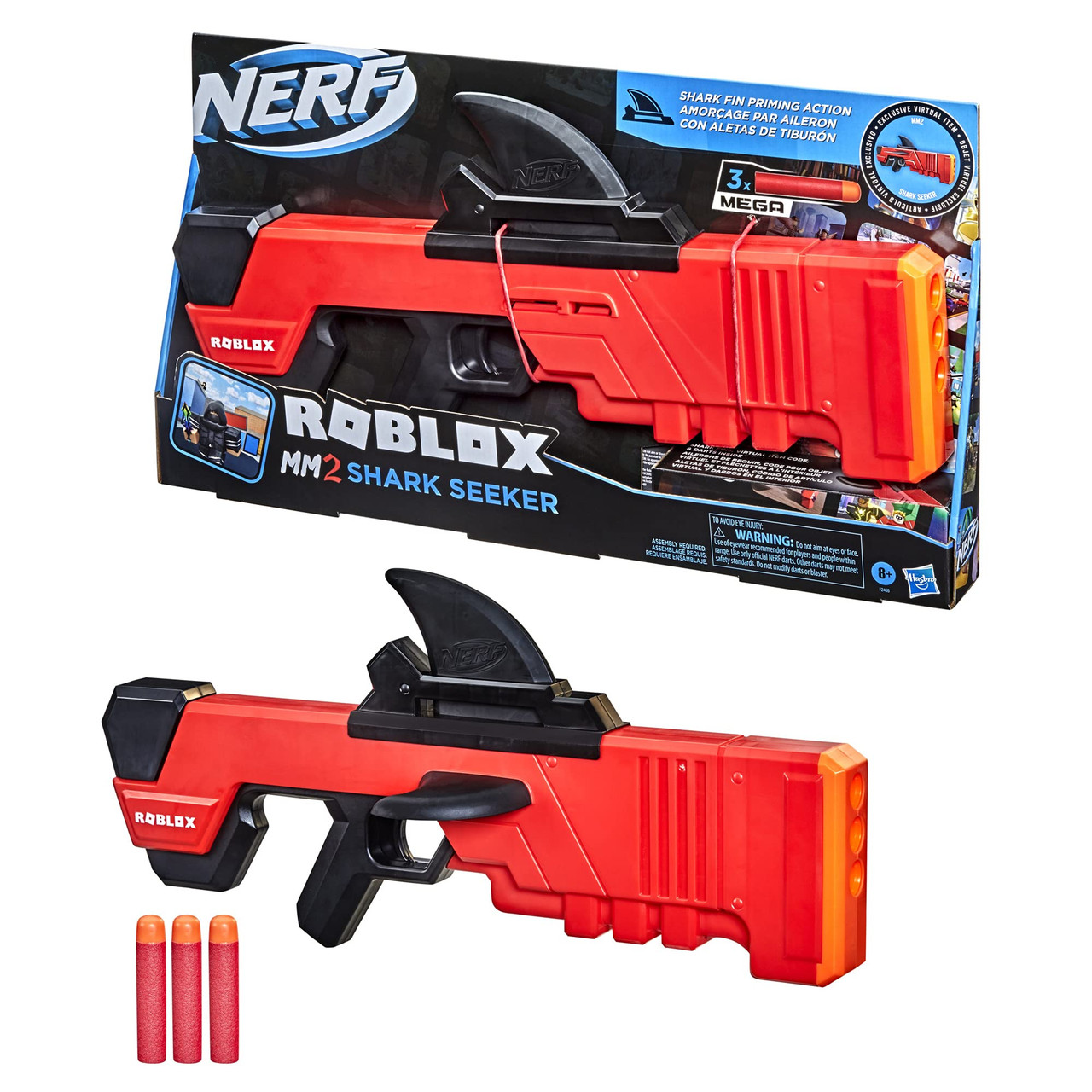 Nerf Roblox MM2: Shark Seeker Dart Blaster, 3 Nerf Mega Darts, 195166124346