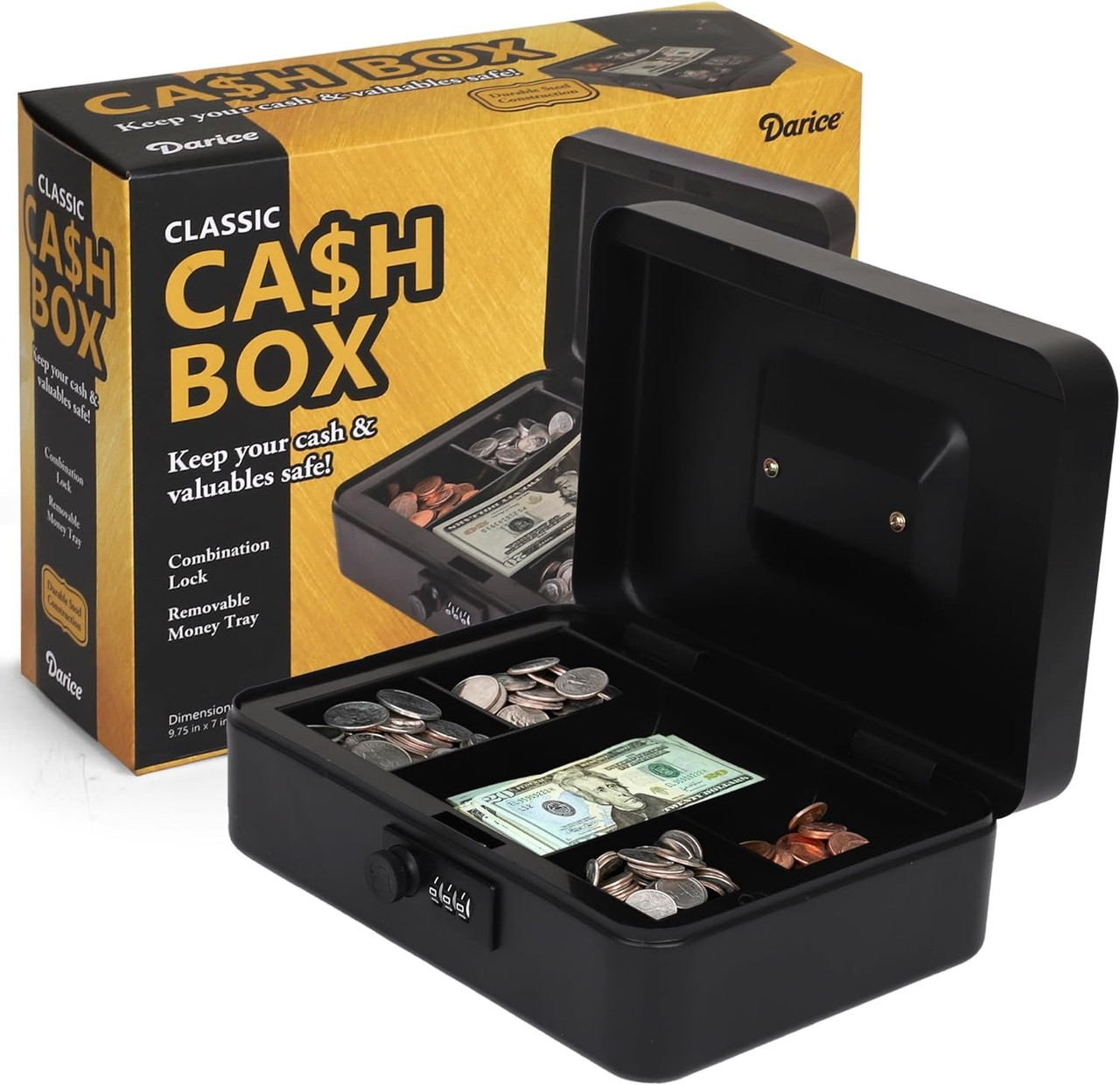 Darice Classic Cash Box - Extra Large Money Safe for Cash- Foldable Money  Box Organizer - Lock for Safety - Extra Compartment - Handle (9.5