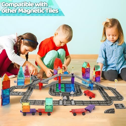 Playmags Magnetic Tiles Road Set for Kids - 130-Pieces Magnet