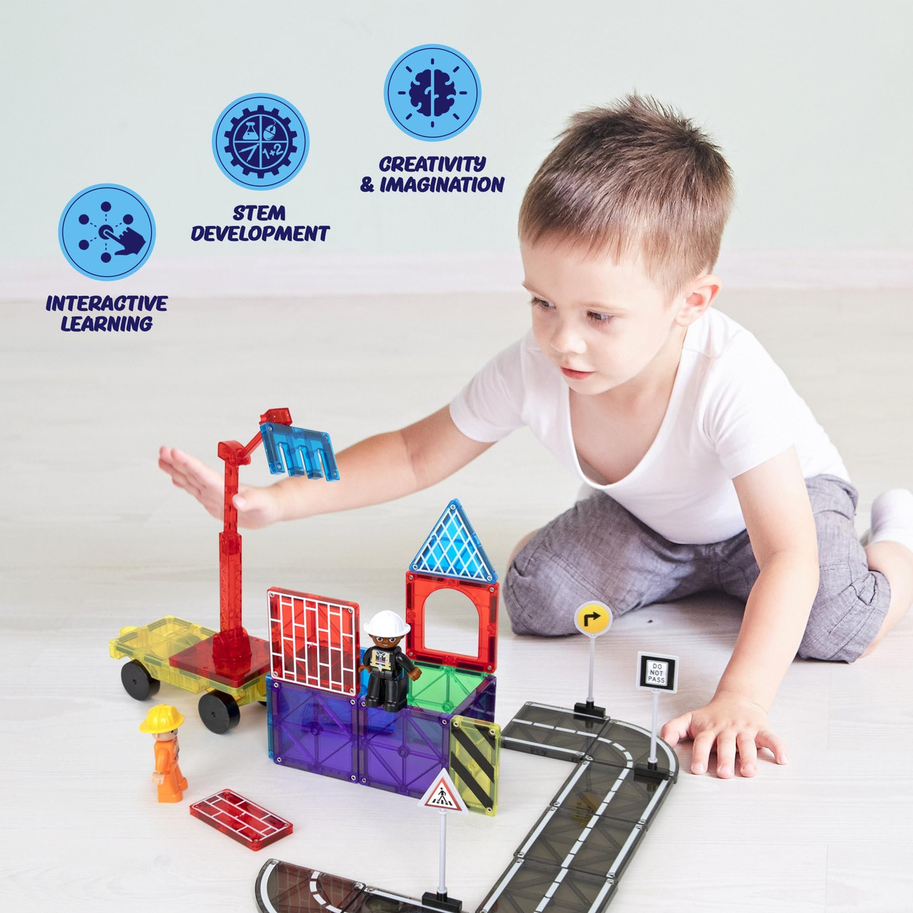 Playmags 52-Piece City Construction Magnetic Tiles Set, Building
